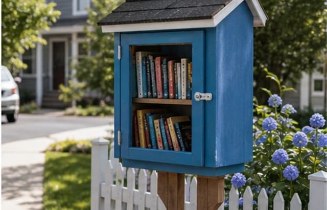 Blue little book house with books by a sidewalk.