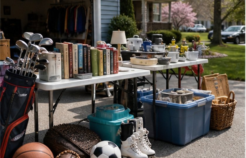 Driveway tables with books, sports gear, kitchen items, and household goods.