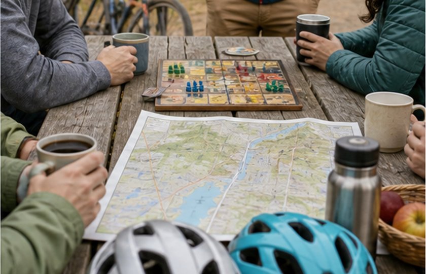 Outdoor table with board game, map, bike helmet, coffee, and snacks.